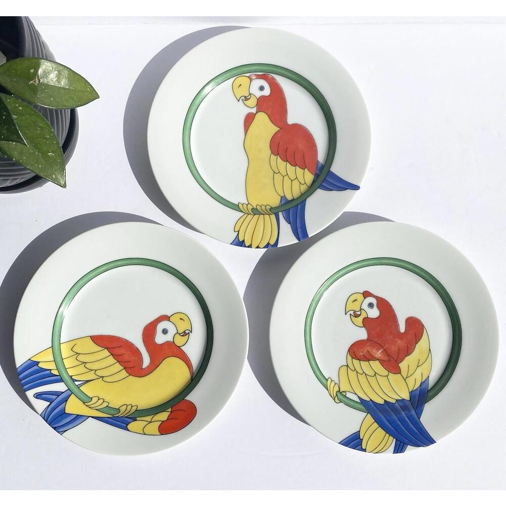 Vintage Fitz & Floyd Parrot In Ring Set Of 3 Plates 7½" Dessert Plate Birds